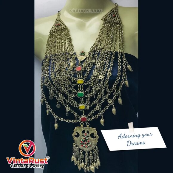 Kuchi Silver Vintage Multilayers Bib Necklace With Dangling Massive Pendant - Picture 1 of 8